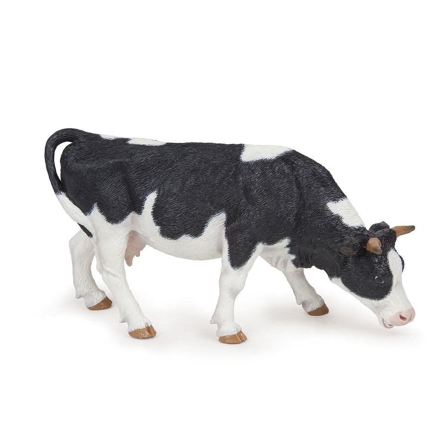 Figurine Vache noire et blanche broutant Papo en PVC, Collection Vie à la ferme, jouet éducatif idéal pour enfants et collectionneurs